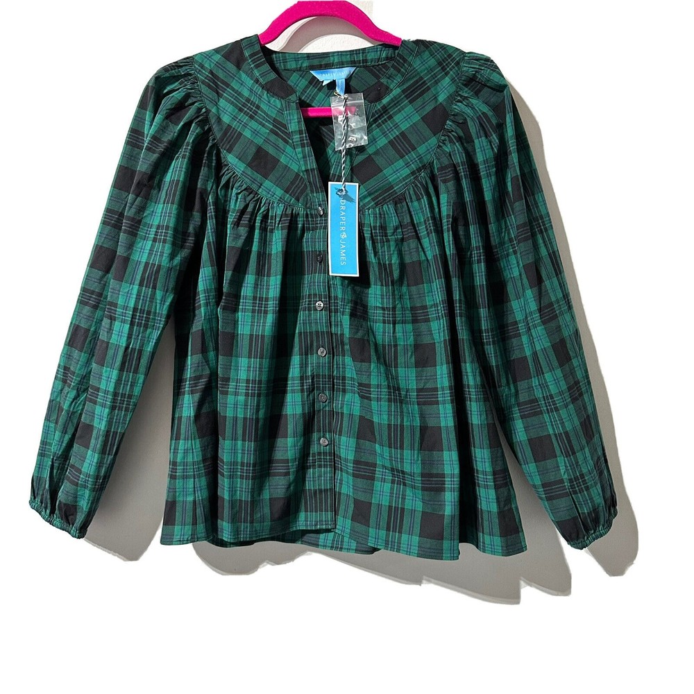 Draper James Button Front Top Blackwatch Plaid Shirt Ever Green Women's Size XS
